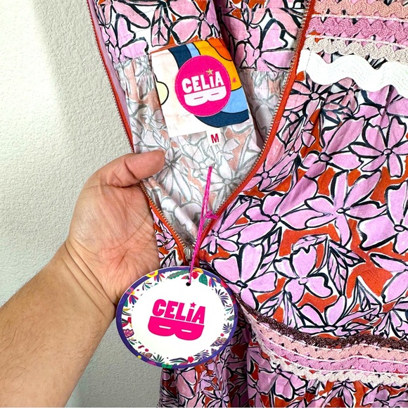 Celia B Floki Tiered Floral Midi Dress With Tie Shoulders Medium NWT - Picture 6 of 14